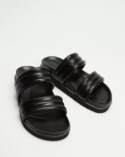 AERE Padded Tube Slides Black Leather