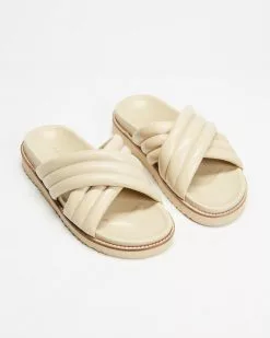 AERE Crossover Leather Footbed Slides Cream Leather