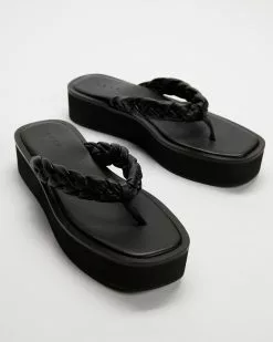 AERE Padded Braid Platform Slides Black Leather