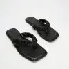 AERE Ruched Thong Flat Sandals Black Leather