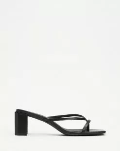 AERE Strappy Leather Block Heel Thongs Black Leather