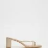 AERE Strappy Leather Block Heel Thongs Camel Leather