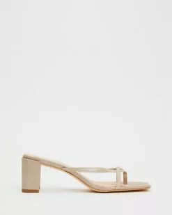 AERE Strappy Leather Block Heel Thongs Camel Leather