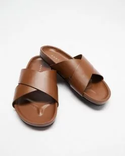 AERE Brunswick Leather Slides Brown