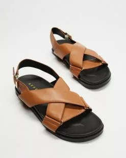 AERE Crossover Leather Footbed Sandals Tan Leather