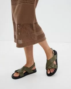 AERE Crossover Leather Footbed Sandals Khaki Leather