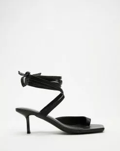 AERE Asymmetrical Toe Post Wrap Heels Black Leather