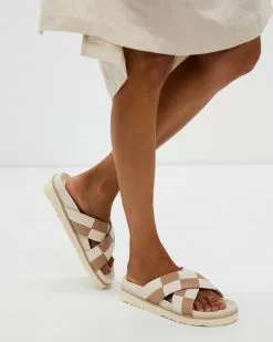 AERE Leather Checkerboard Slides Cream & Nude Leather