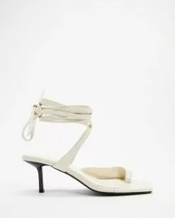 AERE Asymmetrical Toe Post Wrap Heels Cream Leather