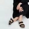 AERE Ruched Strap Espadrille Slides Black Leather