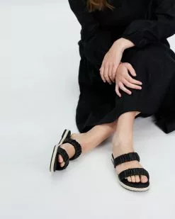 AERE Ruched Strap Espadrille Slides Black Leather