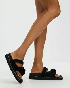 AERE Linen Bow Chunky Slides Black Linen