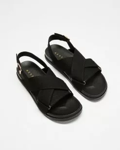 AERE Linen Crossover Footbed Sandals Black Linen