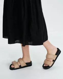 AERE Adjustable Leather Slides Brown Leather