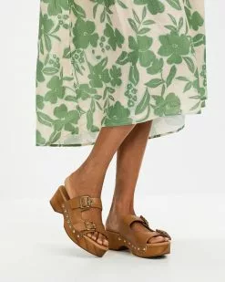 AERE Chunky Buckle Clogs Tan Leather