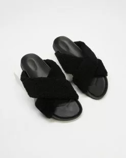 AERE Wool Crossover Slides Black Wool & Suede