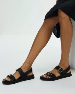 AERE Buckle Leather Footbed Sandals Black Leather