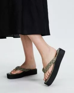 AERE Padded Braid Platform Slides Khaki Leather