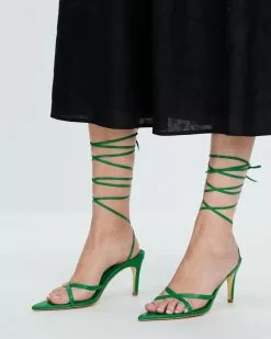 AERE Crossover Pointed Toe Wrap Heels Green Leather