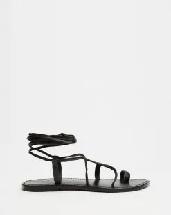 AERE Ankle Tie Leather Sandals Black Leather