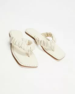 AERE Ruched Thong Flat Sandals Cream Leather