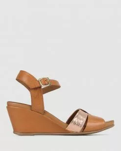 Airflex Wanda Leather Wedge Sandals Tan/ Rose Gold