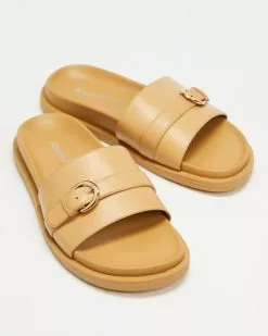 Atmos&Here Freya Leather Slides Beige Leather