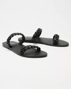 Atmos&Here Remi Woven Leather Slides Black Leather