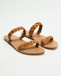 Atmos&Here Remi Woven Leather Slides Tan Leather