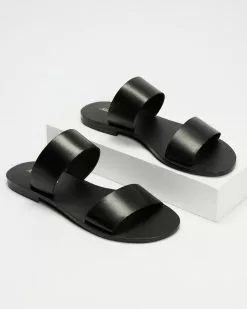Atmos&Here Asta Leather Slides Black Full Grain Leather
