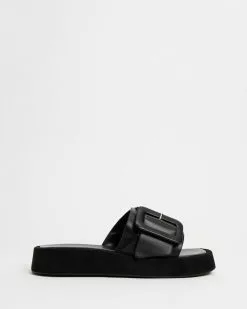 Atmos&Here Pia Leather Flatform Slides Black Leather & Suede