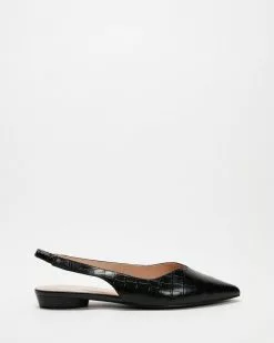 Atmos&Here Fiona Leather Slingback Flats Black Croc Embossed Leather
