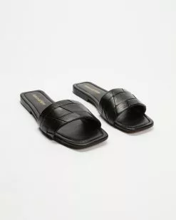 Atmos&Here Betty Woven Leather Slides Black Leather