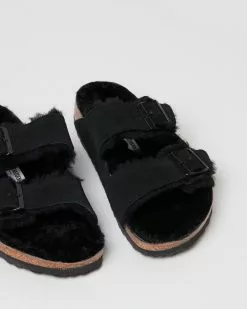Birkenstock Arizona Suede Leather Sheepskin Lined Regular Sandals Black