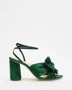 Loeffler Randall Camellia Knot Mules with Ankle Strap Emerald Pleated Lame