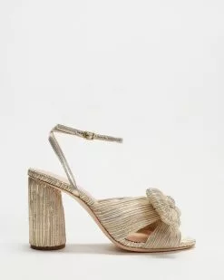 Loeffler Randall Camellia Pleated Knot Heeled Sandal With Ankle Strap Platinum Lame