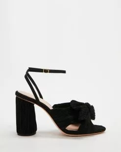Loeffler Randall Camellia Pleated Knot Heeled Sandal With Ankle Strap Black