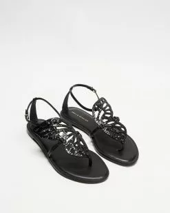 Sophia Webster Butterfly Flat Sandals Black Holographic Glitter