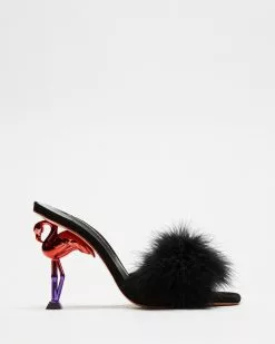 Sophia Webster Flo Flamingo Mules Black, Red & Marabou