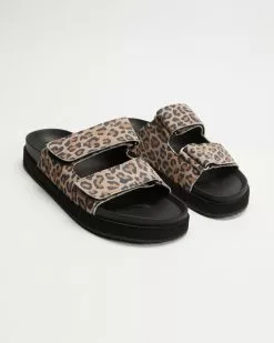 Walnut Melbourne Mel Leather Slides Taupe Leopard