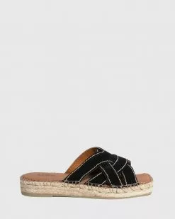 Wittner Usko Suede Stitched Espadrille Slides Black
