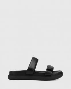 Wittner Arbory Leather Double Strap Slides Black