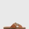 Wittner Clooney Leather Crossed Strap Buckle Slides Tan