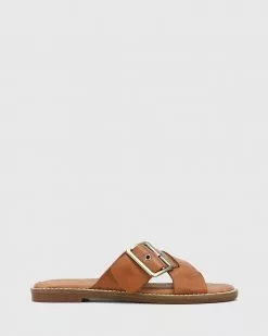Wittner Clooney Leather Crossed Strap Buckle Slides Tan