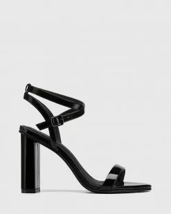 Wittner Raven Patent Leather Open Toe Block Heels Black
