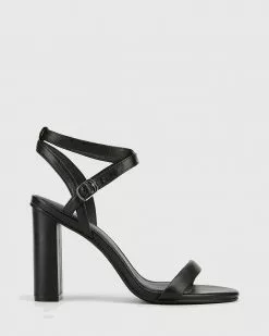 Wittner Raven Leather Open Toe Block Heels Black