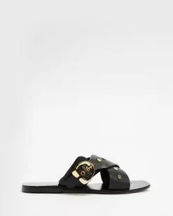 Y.A.S Buckla Flat Leather Sandals Black